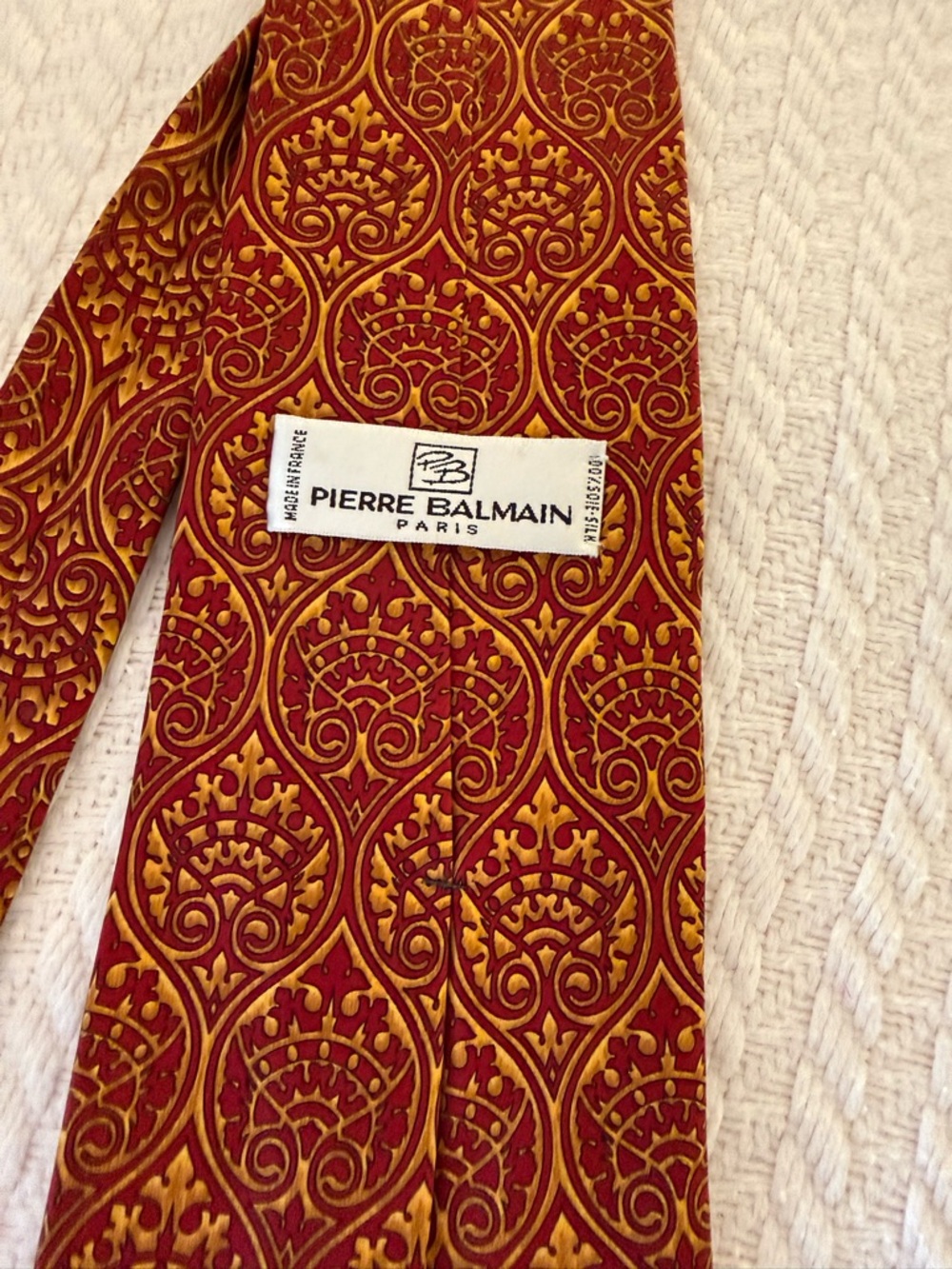 Pierre Balmain Red and Gold Silk Tie with Ornate Medallion Pattern